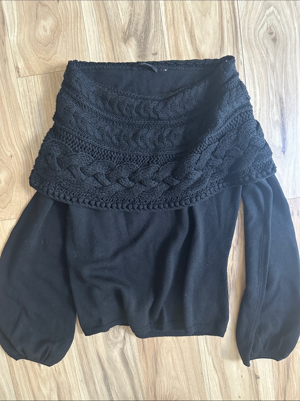 Elie Tahari Black Off-the-Shoulder Cable Yoke Sweater